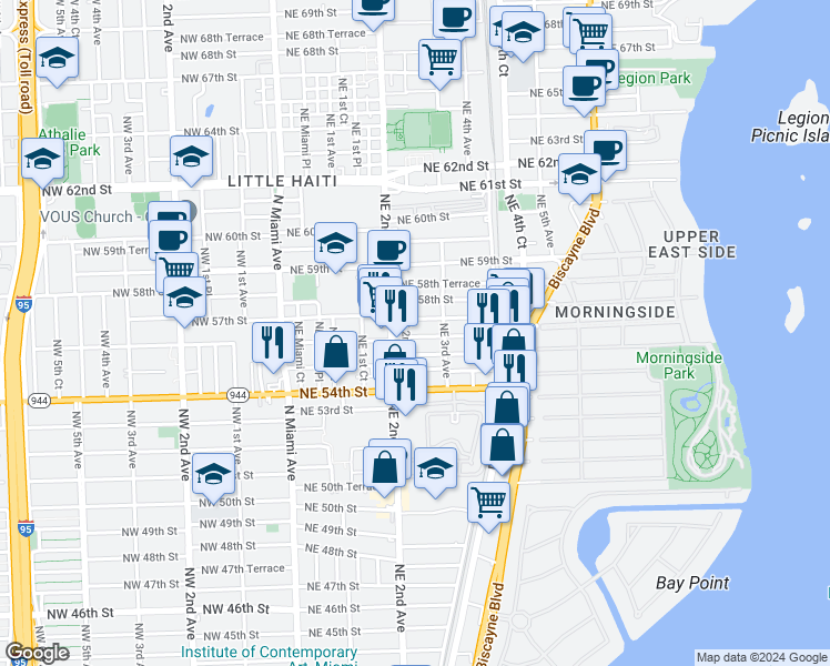 map of restaurants, bars, coffee shops, grocery stores, and more near 5544 Northeast 2nd Court in Miami