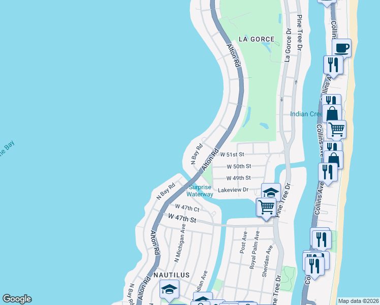 map of restaurants, bars, coffee shops, grocery stores, and more near 5038 North Bay Road in Miami Beach