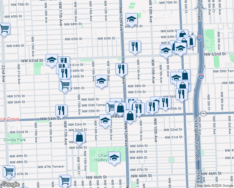 map of restaurants, bars, coffee shops, grocery stores, and more near 1233 Northwest 56th Street in Miami