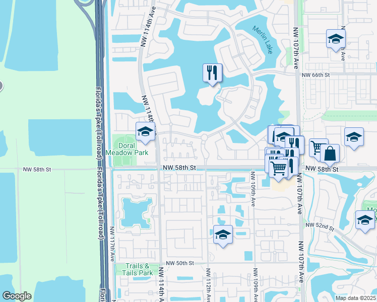 map of restaurants, bars, coffee shops, grocery stores, and more near 5857 Northwest 112th Court in Doral