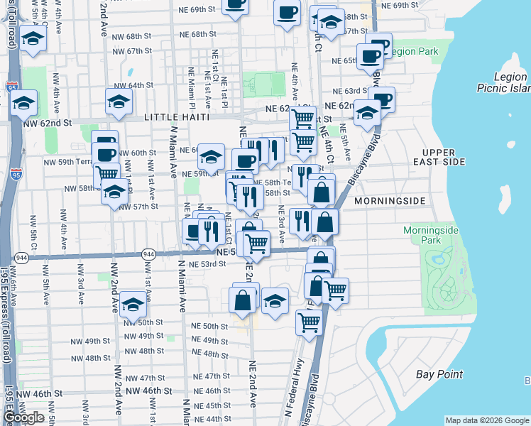 map of restaurants, bars, coffee shops, grocery stores, and more near 5545 Northeast 2nd Avenue in Miami