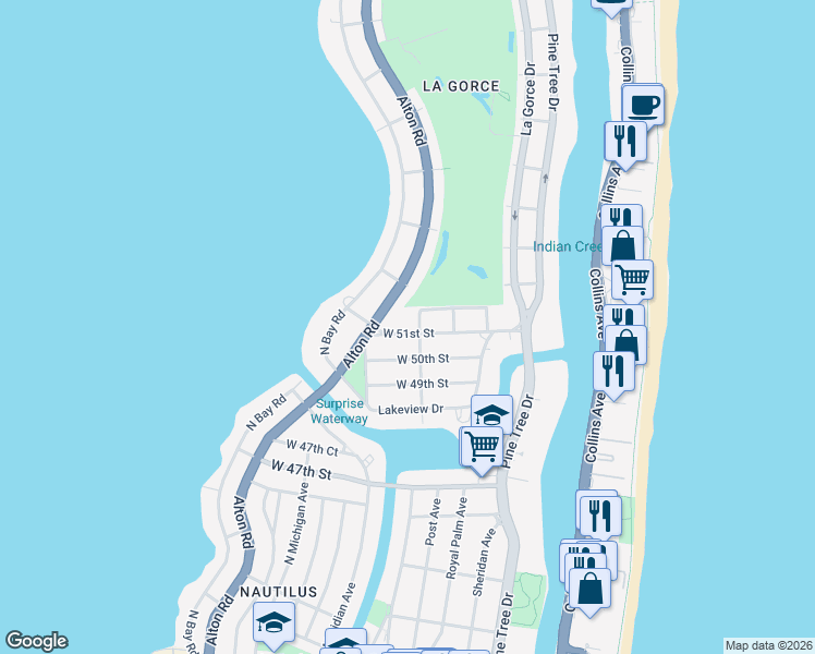 map of restaurants, bars, coffee shops, grocery stores, and more near 740 West 51st Street in Miami Beach