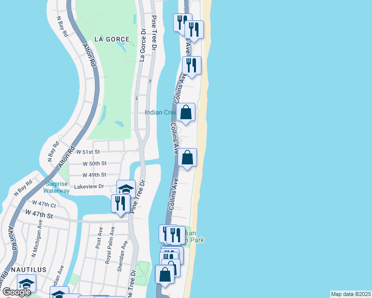 map of restaurants, bars, coffee shops, grocery stores, and more near 5025 Collins Avenue in Miami Beach