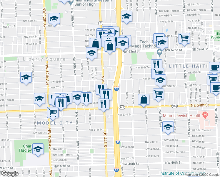 map of restaurants, bars, coffee shops, grocery stores, and more near 697 Northwest 56th Street in Miami