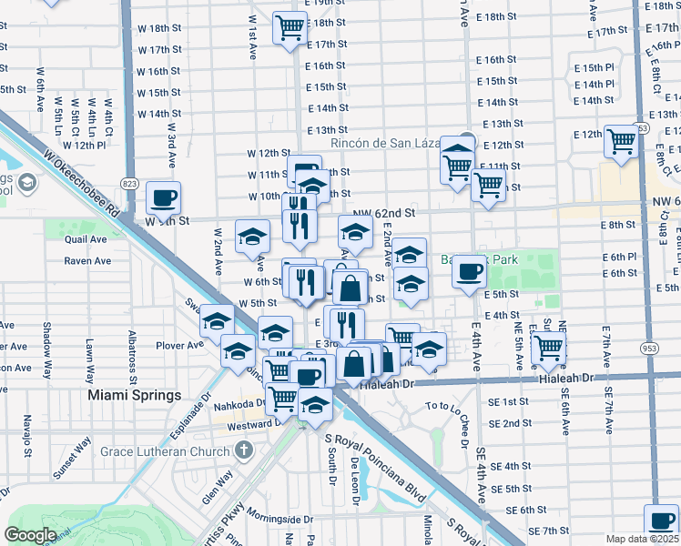map of restaurants, bars, coffee shops, grocery stores, and more near 83 East 5th Street in Hialeah
