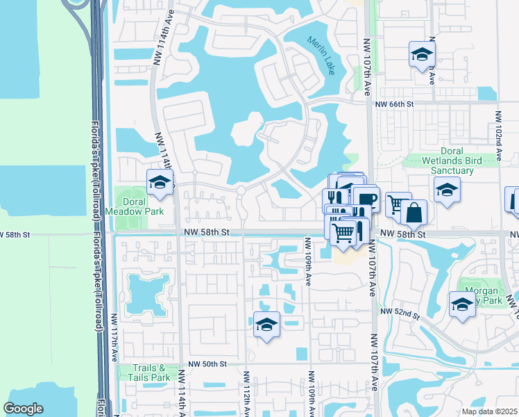 map of restaurants, bars, coffee shops, grocery stores, and more near 5850 Northwest 111th Avenue in Doral