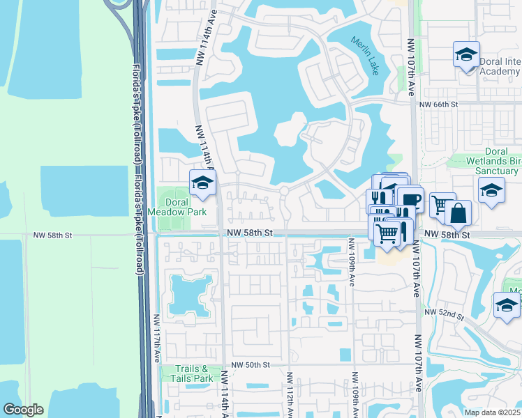 map of restaurants, bars, coffee shops, grocery stores, and more near 5857 Northwest 112th Court in Doral