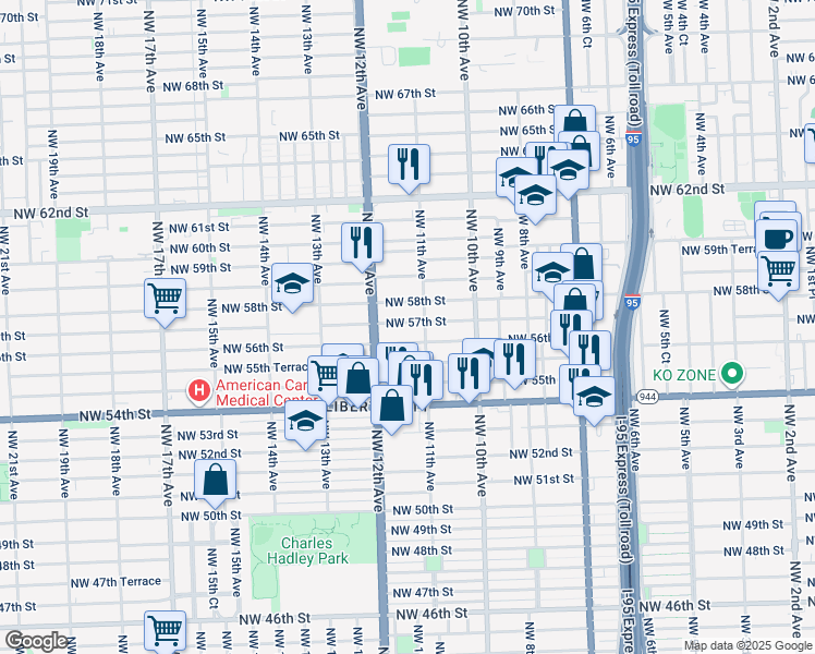 map of restaurants, bars, coffee shops, grocery stores, and more near 1161 Northwest 56th Street in Miami