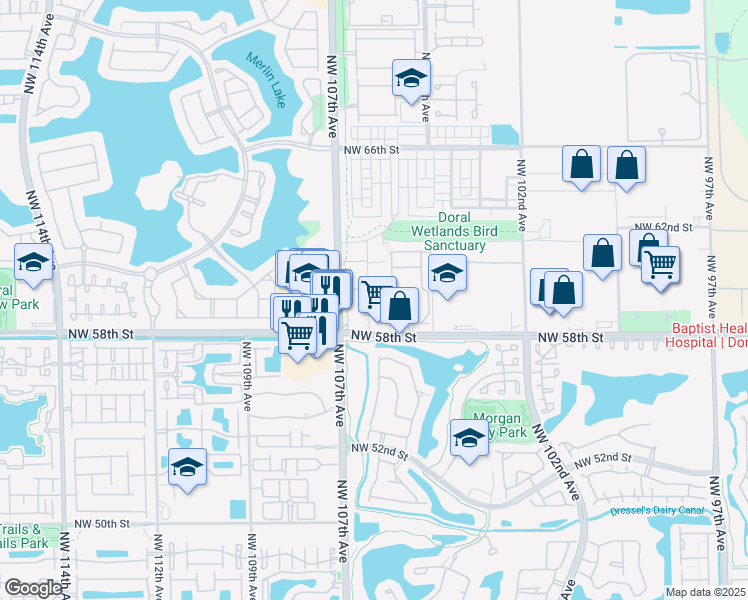 map of restaurants, bars, coffee shops, grocery stores, and more near 5955 Northwest 107th Avenue in Doral