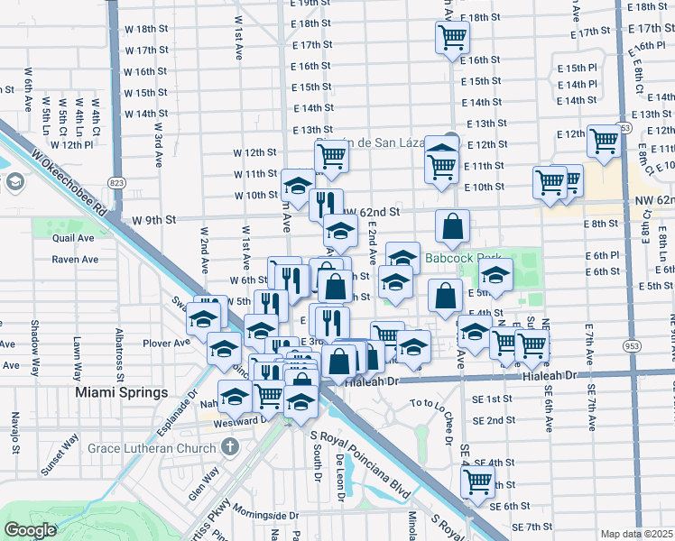map of restaurants, bars, coffee shops, grocery stores, and more near 83 East 5th Street in Hialeah