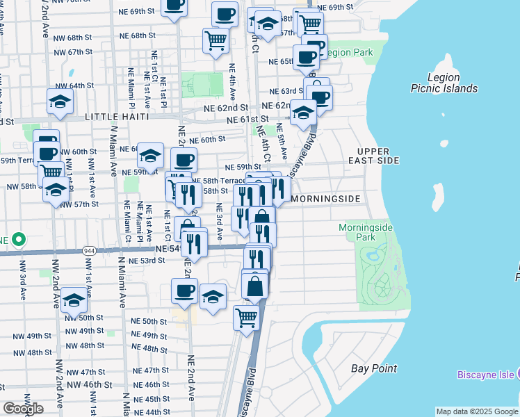 map of restaurants, bars, coffee shops, grocery stores, and more near 5528 Northeast 4th Court in Miami