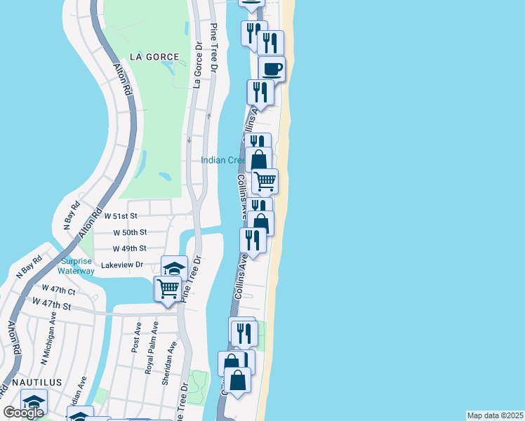 map of restaurants, bars, coffee shops, grocery stores, and more near 5025 Collins Avenue in Miami Beach