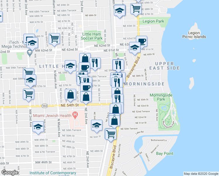 map of restaurants, bars, coffee shops, grocery stores, and more near 369 Northeast 55th Terrace in Miami