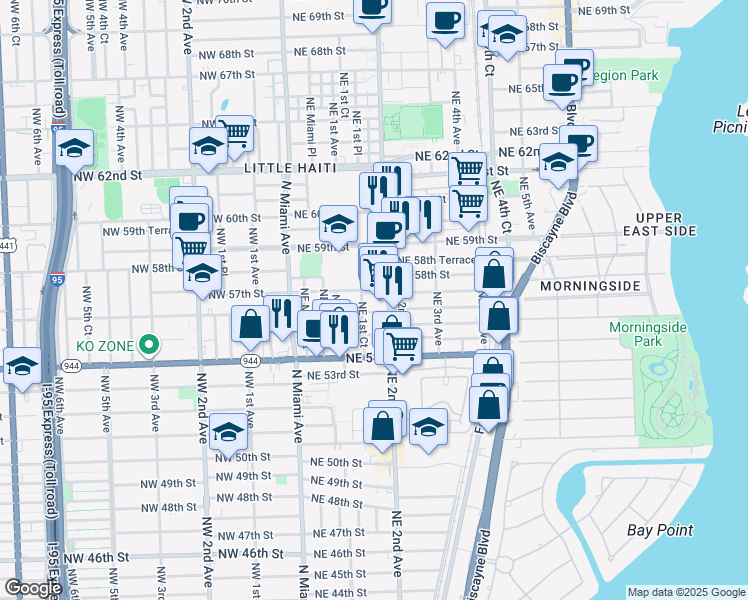 map of restaurants, bars, coffee shops, grocery stores, and more near 164 Northeast 56th Street in Miami