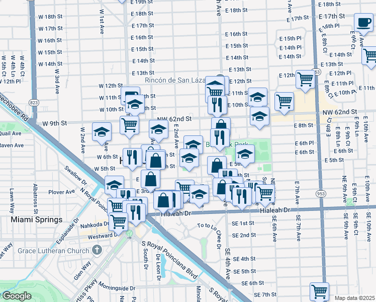 map of restaurants, bars, coffee shops, grocery stores, and more near 229 East 6th Street in Hialeah