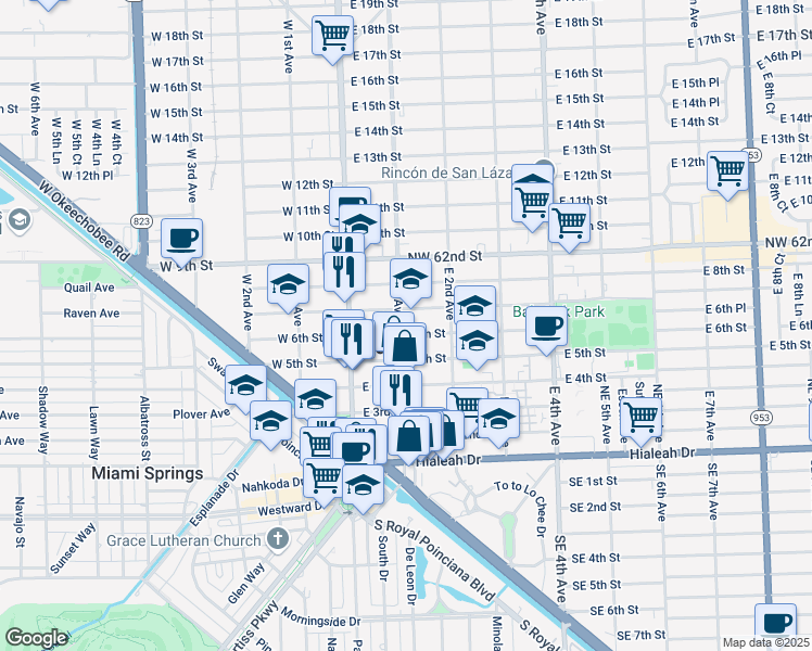 map of restaurants, bars, coffee shops, grocery stores, and more near 83 East 5th Street in Hialeah