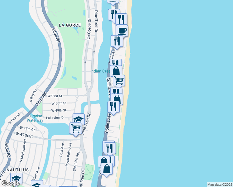 map of restaurants, bars, coffee shops, grocery stores, and more near 5055 Collins Avenue in Miami Beach