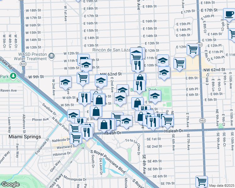 map of restaurants, bars, coffee shops, grocery stores, and more near 229 East 6th Street in Hialeah