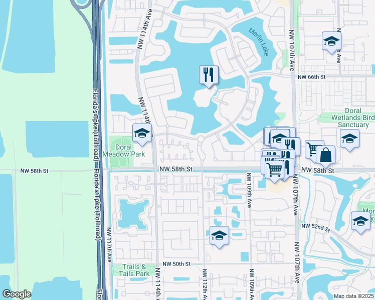 map of restaurants, bars, coffee shops, grocery stores, and more near 5857 Northwest 112th Court in Doral