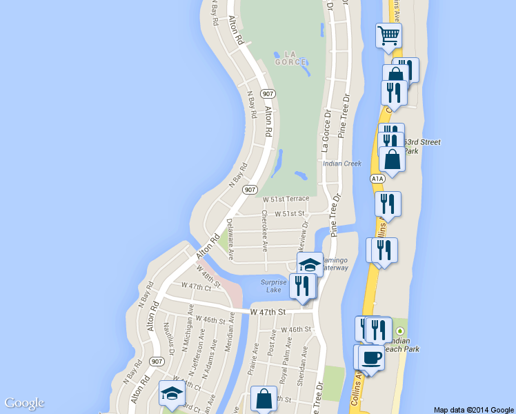 map of restaurants, bars, coffee shops, grocery stores, and more near 740 West 51st Street in Miami Beach