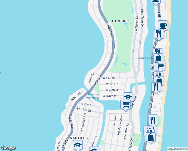 map of restaurants, bars, coffee shops, grocery stores, and more near 5050 Florida 907 in Miami Beach