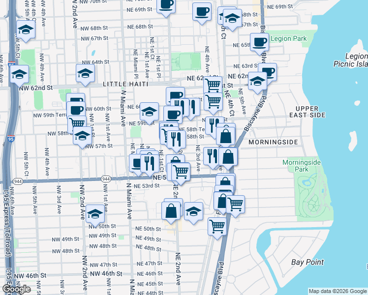 map of restaurants, bars, coffee shops, grocery stores, and more near in Miami