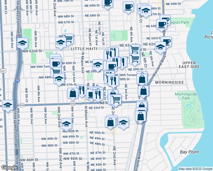 map of restaurants, bars, coffee shops, grocery stores, and more near 164 Northeast 56th Street in Miami