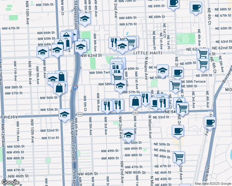 map of restaurants, bars, coffee shops, grocery stores, and more near 222 Northwest 56th Street in Miami