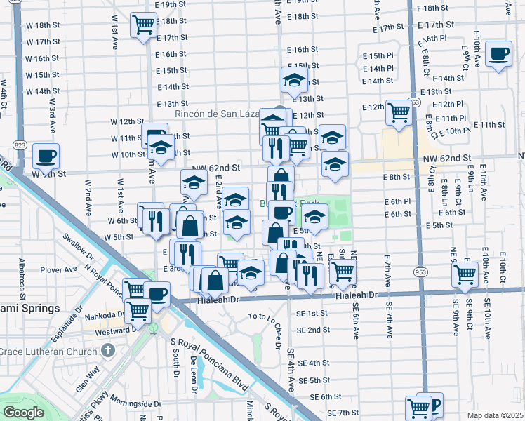 map of restaurants, bars, coffee shops, grocery stores, and more near 302 East 6th Street in Hialeah