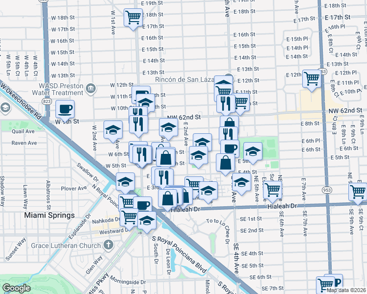 map of restaurants, bars, coffee shops, grocery stores, and more near 152 East 6th Street in Hialeah