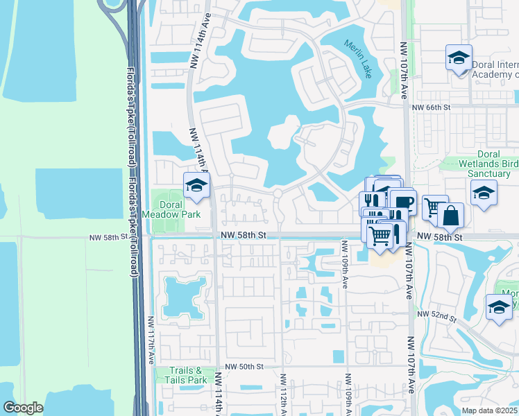 map of restaurants, bars, coffee shops, grocery stores, and more near 5857 Northwest 112th Court in Doral