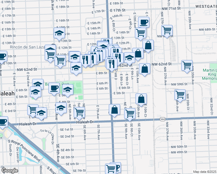 map of restaurants, bars, coffee shops, grocery stores, and more near 505 East 8th Avenue in Hialeah