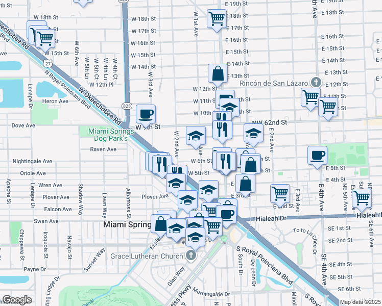 map of restaurants, bars, coffee shops, grocery stores, and more near 128 West 7th Street in Hialeah