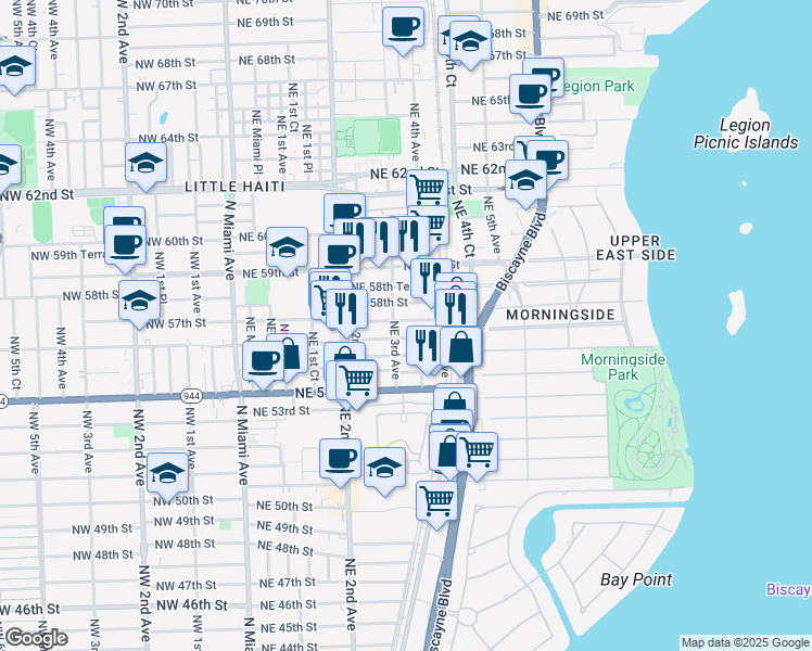 map of restaurants, bars, coffee shops, grocery stores, and more near 282 Northeast 56th Street in Miami