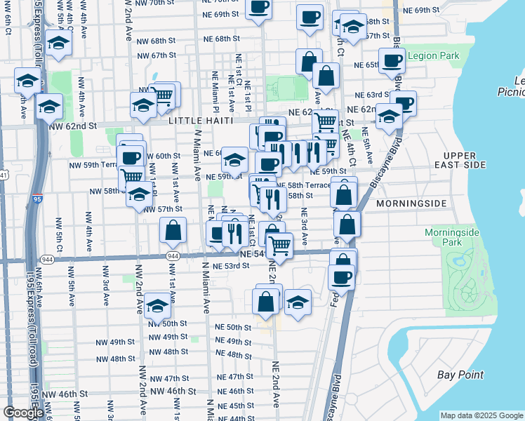 map of restaurants, bars, coffee shops, grocery stores, and more near 5715 Northeast 1st Court in Miami