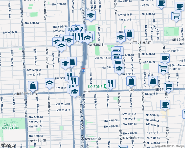 map of restaurants, bars, coffee shops, grocery stores, and more near 550 Northwest 58th Street in Miami