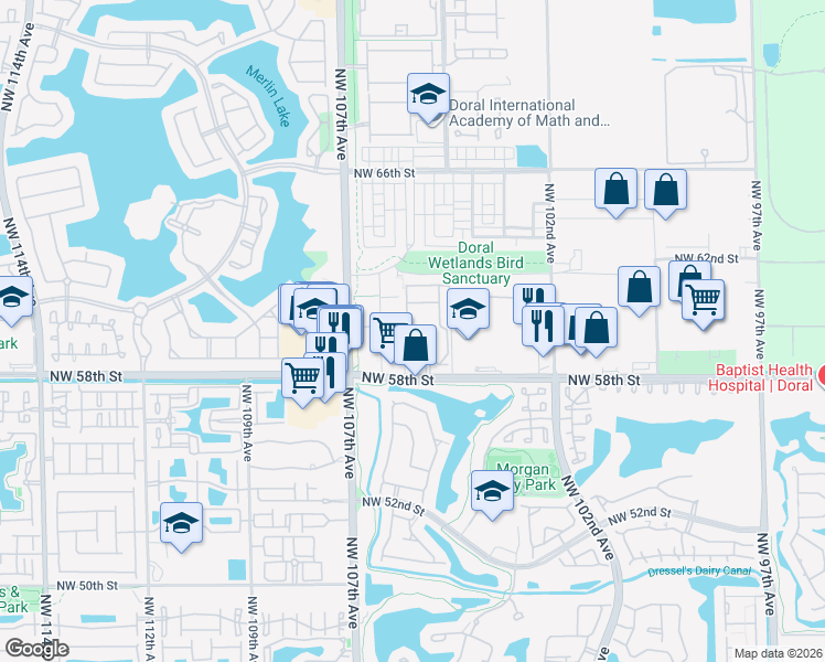 map of restaurants, bars, coffee shops, grocery stores, and more near 10444 Northwest 61st Street in Doral