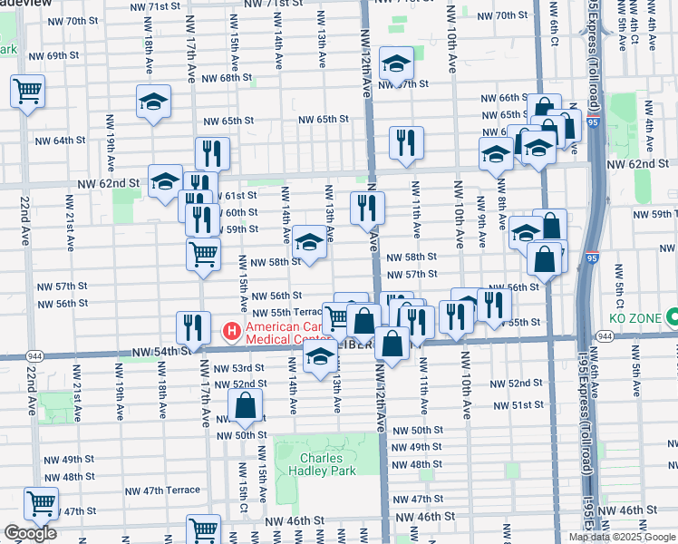 map of restaurants, bars, coffee shops, grocery stores, and more near 5801 Northwest 13th Avenue in Miami