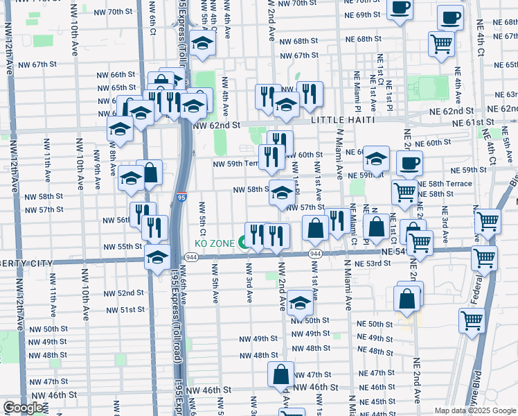 map of restaurants, bars, coffee shops, grocery stores, and more near 5745 Northwest 3rd Avenue in Miami