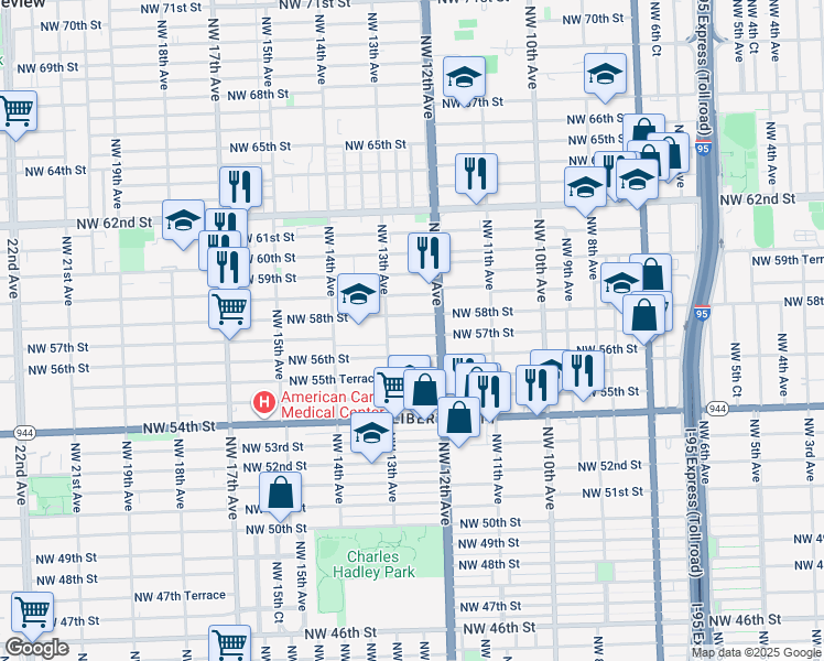 map of restaurants, bars, coffee shops, grocery stores, and more near 1205 Northwest 58th Street in Miami