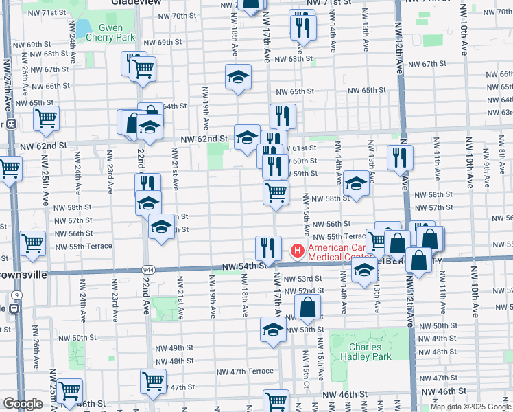 map of restaurants, bars, coffee shops, grocery stores, and more near 1751 Northwest 58th Street in Miami