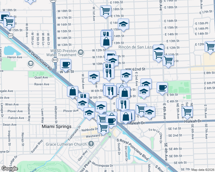 map of restaurants, bars, coffee shops, grocery stores, and more near 733 Palm Avenue in Hialeah