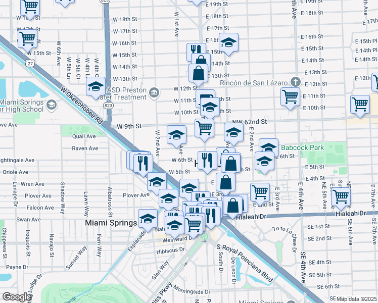 map of restaurants, bars, coffee shops, grocery stores, and more near 66 West 8th Street in Hialeah