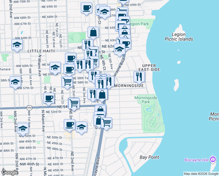 map of restaurants, bars, coffee shops, grocery stores, and more near 5700 Northeast 5th Avenue in Miami