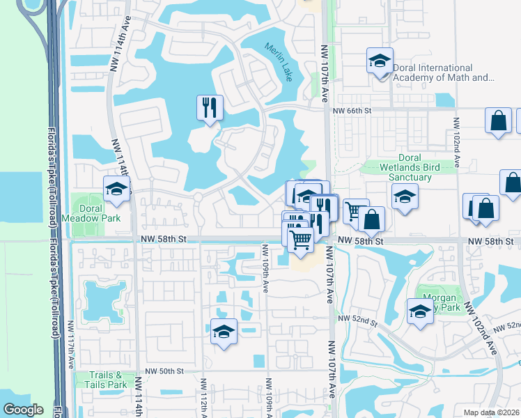 map of restaurants, bars, coffee shops, grocery stores, and more near 10901 Northwest 59th Street in Doral