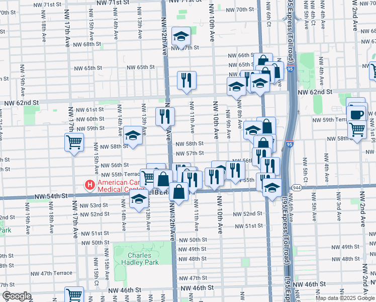map of restaurants, bars, coffee shops, grocery stores, and more near 1151-1153 Northwest 58th Street in Miami