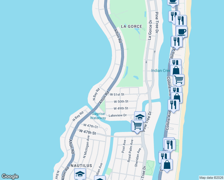 map of restaurants, bars, coffee shops, grocery stores, and more near 5165 Alton Road in Miami Beach