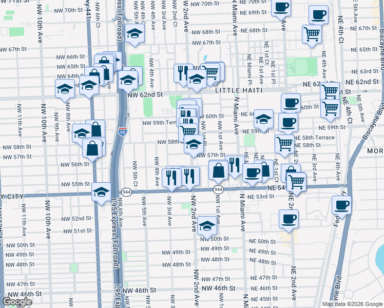 map of restaurants, bars, coffee shops, grocery stores, and more near in Miami