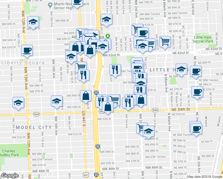 map of restaurants, bars, coffee shops, grocery stores, and more near 400 Northwest 58th Street in Miami