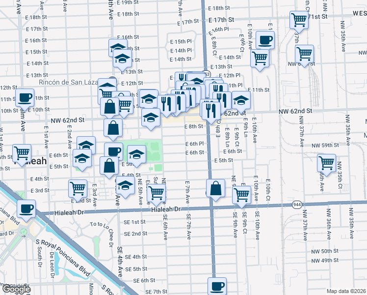 map of restaurants, bars, coffee shops, grocery stores, and more near 660 East 7th Street in Hialeah